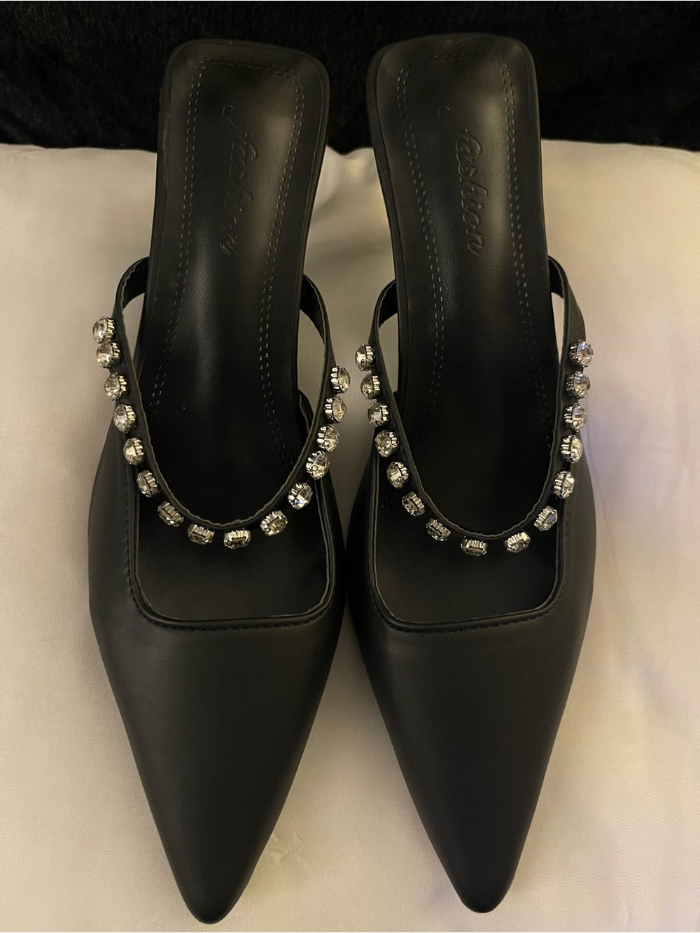 Black Crystal Rhinestone Straps Kitten Heel Mule Sandals
